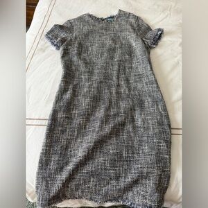 J MCLAUGHIN • Women’s Navy Tweed Short Sleeve Sheath Clarence Fringe Dress Sz 12